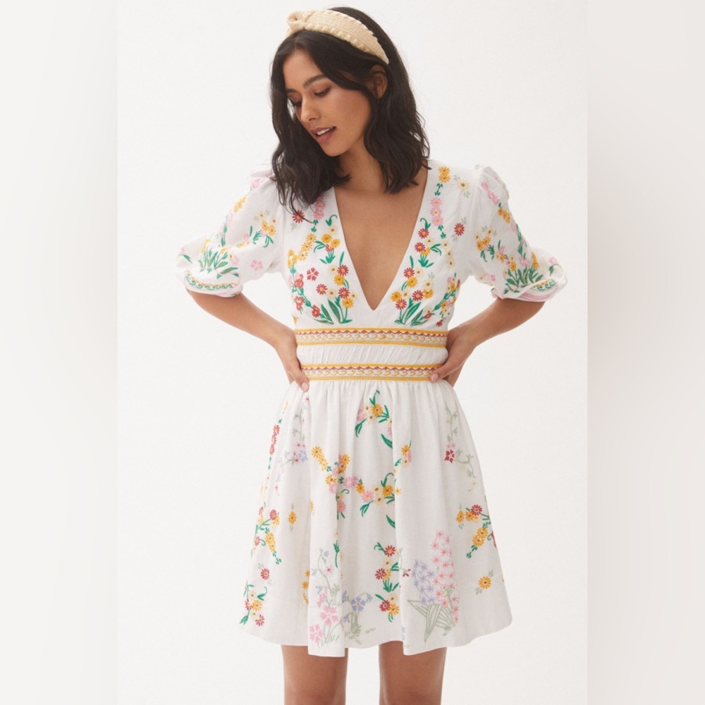 Anthropologie White Floral Embroidered Dress